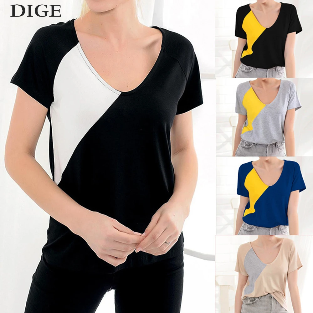 

New Women Summer T Shirts Fashion Harajuku Patchwork Ladies Sexy V Neck Short Sleeve Top Casual Loose Tunic Tee Shirt Femme