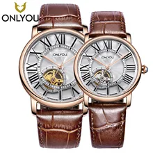 ONLYOU Automatic Mechanical Skeleton Steampunk Watch Couple Top Brand Luxury Black/Brown Leather Strap For Man Woman Watches