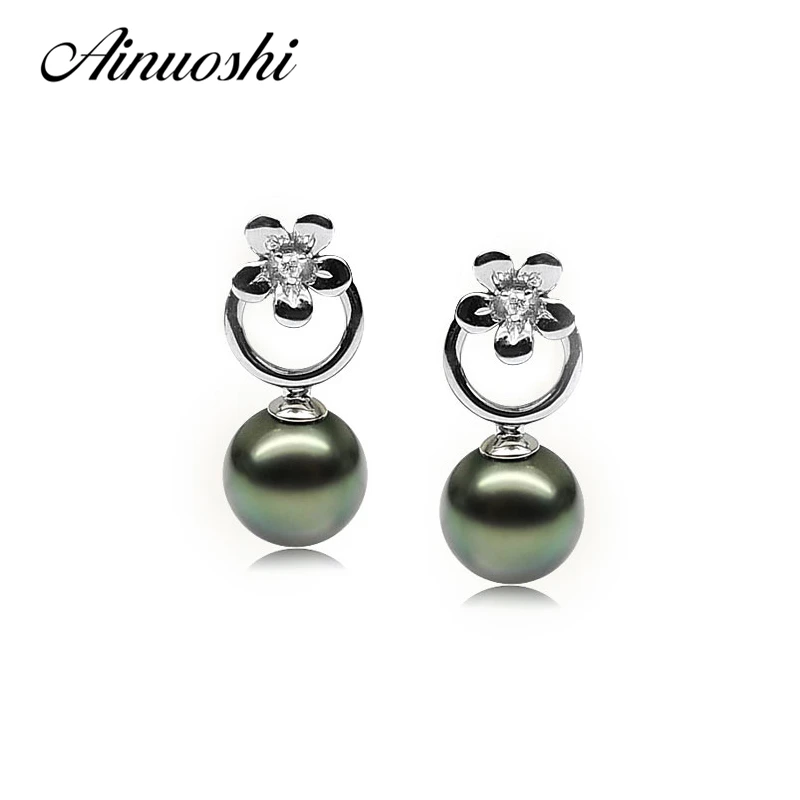 AINUOSHI 925 Sterling Silver Flower Shaped Pearl Earrings Natural South Sea Black Tahiti Pearl Round Pearl Drop Earrings Jewelry AINUOSHI 925 Sterling Silver Flower Shaped Pearl Earrings Natural South Sea Black Tahiti Pearl Round Pearl Drop Earrings Jewelry