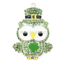 1PC Green St Paddys Day Owl Shamrock Saint Patricks Rhinestone Pendant for Chunky Necklace Bubblegum Necklace