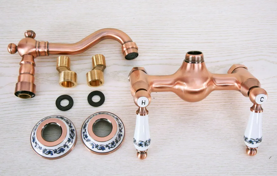 Antique Red Copper Brass Wall Mounted Bathroom Kitchen Sink Faucet Swivel Spout Mixer Tap Dual Ceramics Handles Levers anf955