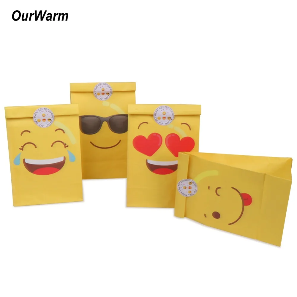 

OurWarm Party Favors Emoji Paper Bags 36pcs Emoji Favor Bags with 36pcs Emoji Stickers Kids Gifts DIY Decorations For Home Party