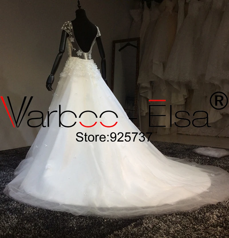 Varboo_elsa 2018 платье Vestido De Noiva 3D аппликация бисером свадебное платье Белый Кружево короткий рукав Кисточки поезд арабский линия свадебное