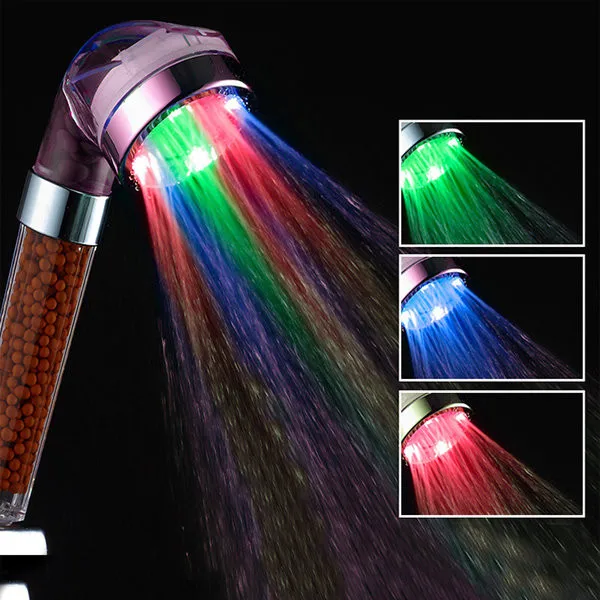 

Bathroom 3 Colors LED Light Automatic Temperature Sensor Water Saving Bath Showerhead Anion SPA Hand Held Filter Nozzle