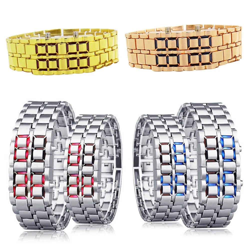 

Lovers' Wristwatch Men Women Stainless Steel Lava Red Blue Binary Luminous LED Electronic Display Sport Bracelet Watches LL