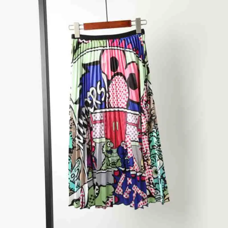 Летняя плиссированная юбка Женская винтажная Высокая талия граффити длинные юбки с принтом Индивидуальность Мода пляж повседневная юбка трапециевидной формы