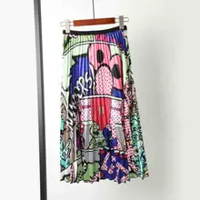 Летняя плиссированная юбка Женская винтажная Высокая талия граффити длинные юбки с принтом Индивидуальность Мода пляж повседневная юбка трапециевидной формы