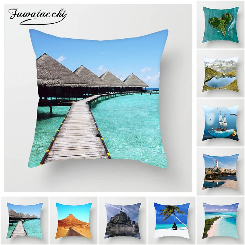 Fuwatacchi Balinese Scenic Cushion Cover Beach Sunlight Ocean Trees Pillow Cove Decorative Home Sofa Chair Desert