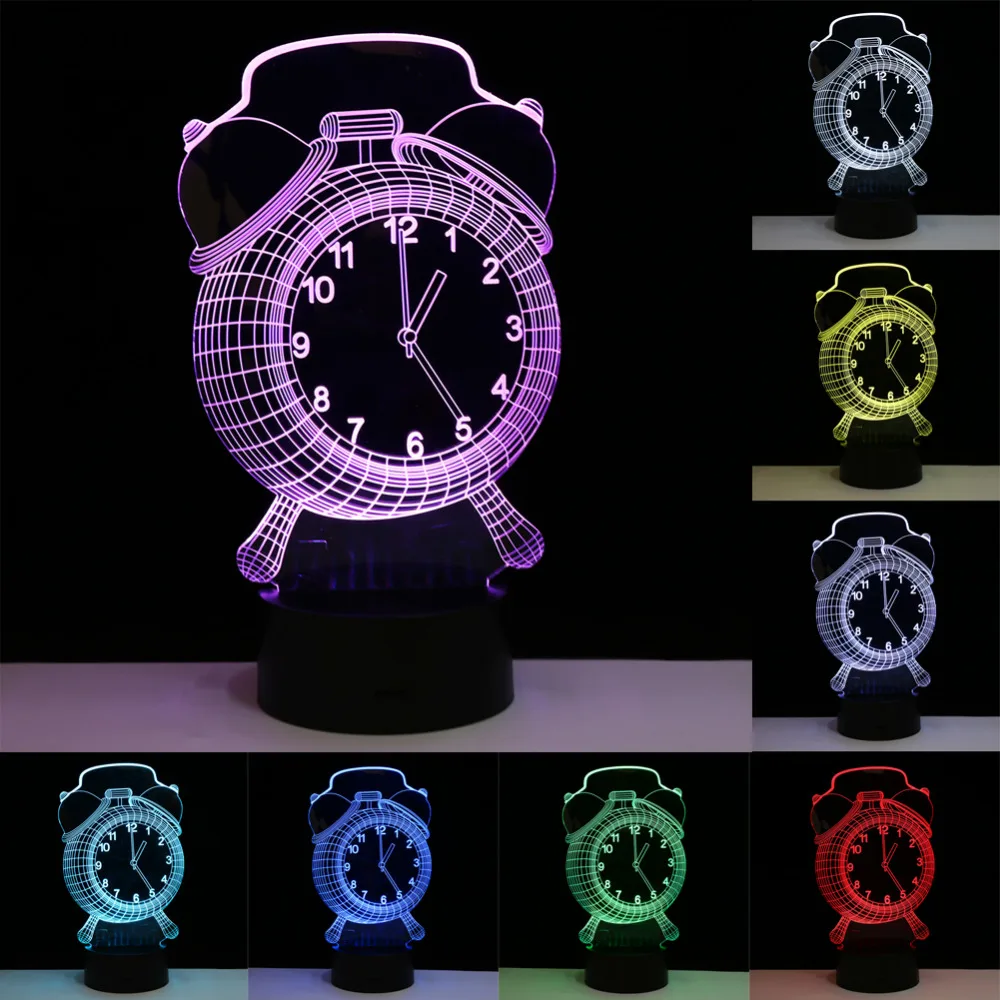 

3D Alarm Clock Shape LED Night Light 7 Colors Change Touch Switch Home Table Desk Lamp