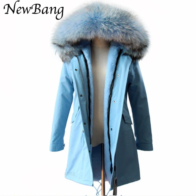 Cheap Women Winter Parkas Large  Real Raccon Fur Parka Blue  Faux Fur Liner Thickening Long Jacket Overcoat