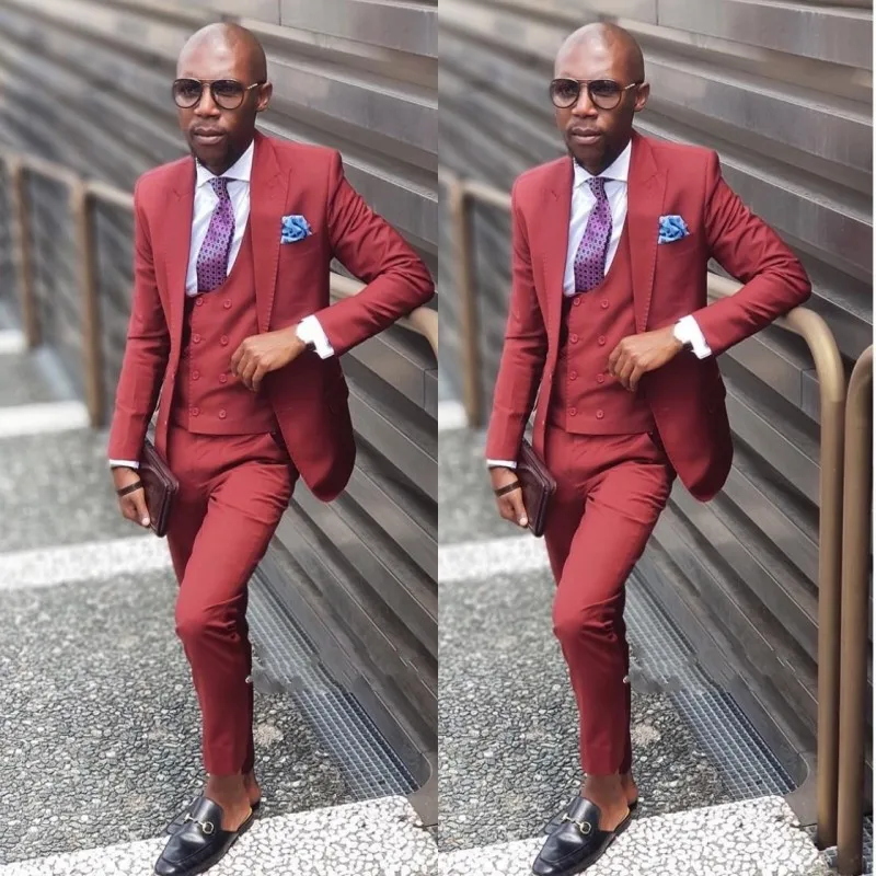 

Burgundy Men Suits for Wedding Peaked Lapel Best Man Blazers Groom Tuxedos Terno Masculino Costume Homme Morning Party 3Piece