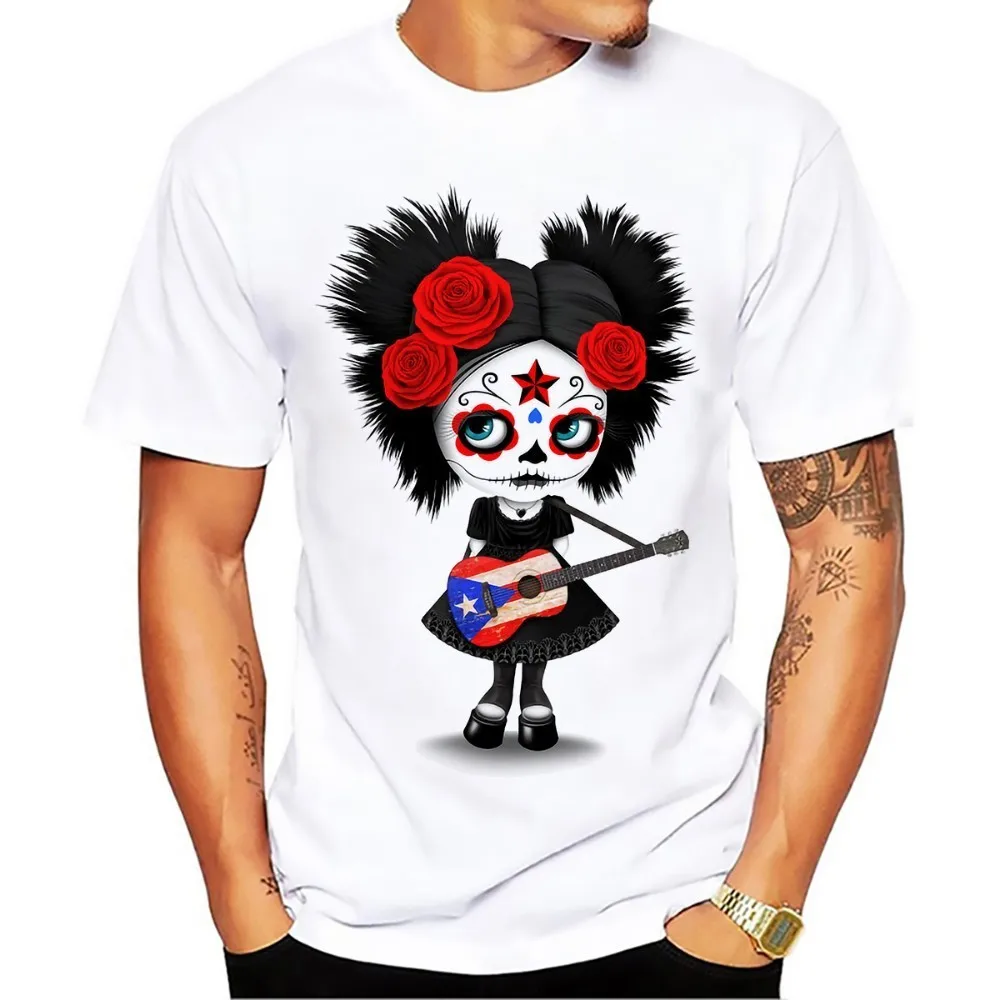 

Sugar Skull Girl Playing Puerto Rican Flag Guitar Funny Tshirt Men Summer New White Short Sleeve Casual Cool T Shirt Tees Tops