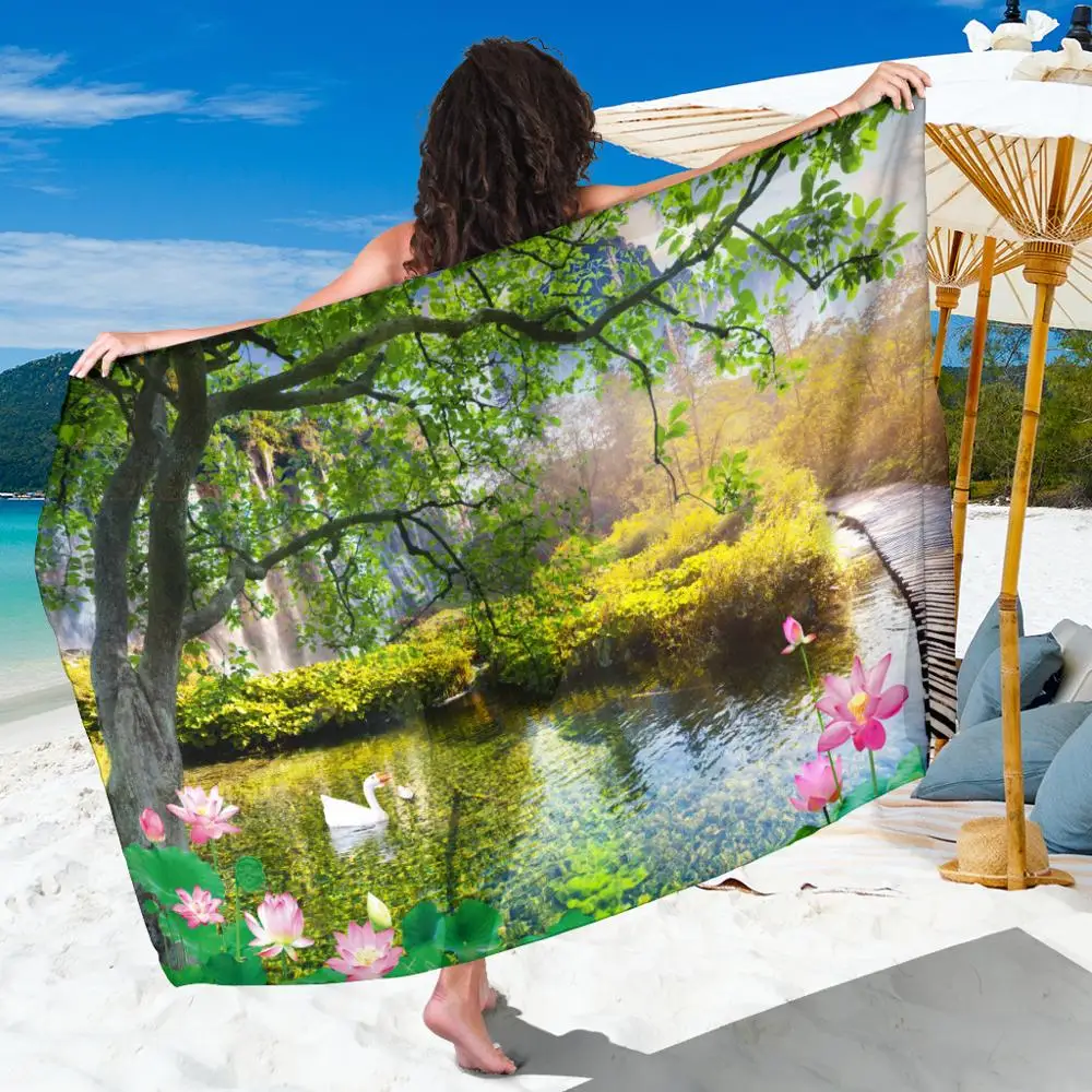 

Large Chiffon Beach Towel Clear Pond Lotus Flower Women Swimwear Cover-ups Bikini Beach Sarongs Plus Size Chiffon Scarf Fabric