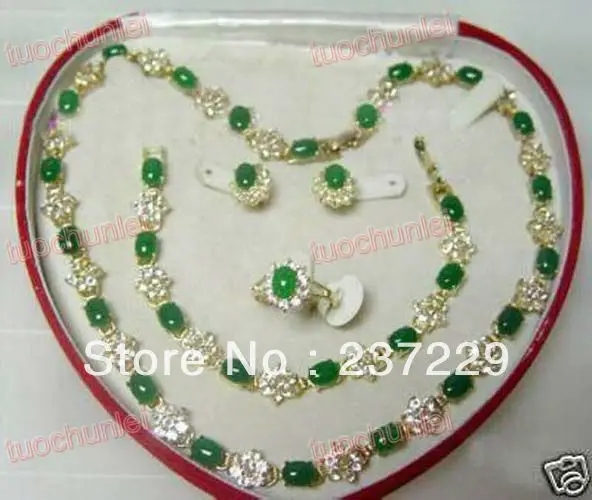 

FREE SHIPPING>>@> Wholesale price FREE SHIPPING aPopular jewelry Green Jade Crystal inlay Necklace Bracelet Ring Earring Set Nat