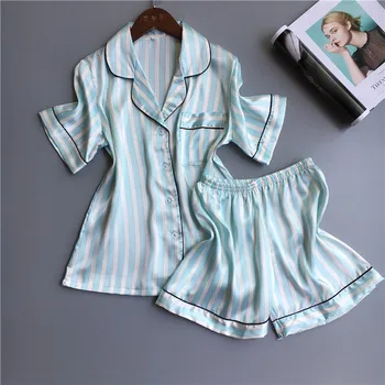 

short pants + short sleeve tops free shipping two pieces pajamas sets silk satin nightwear high quality