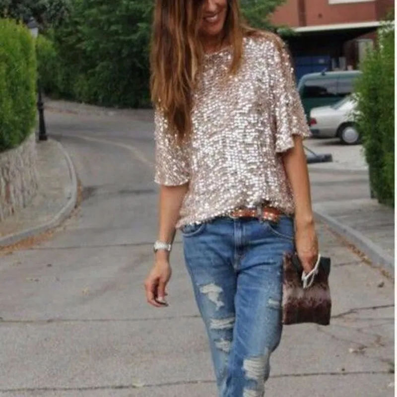 Женская летняя модная блестящая блузка, повседневный топ с блестками, женская рубашка с рукавом три четверти, шикарные блузки