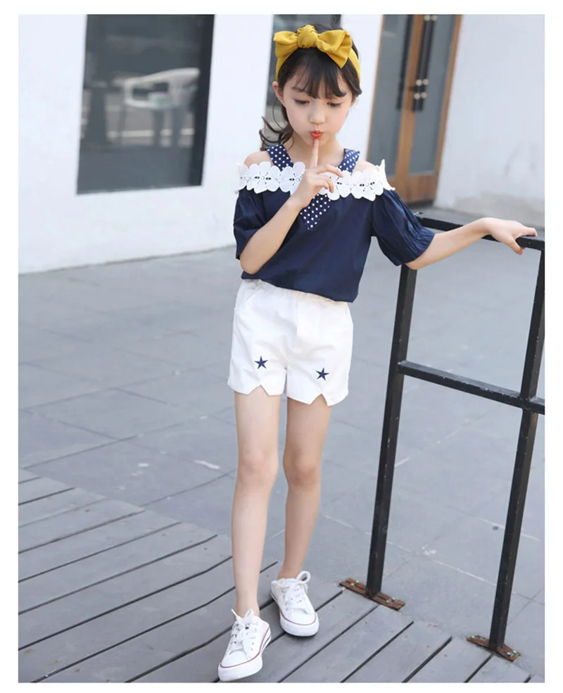 summer girls clothing sets children off-the-shoulder lace shorts pant two-piece girls clothing suit (8)