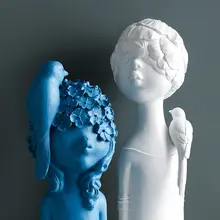Nordic Style Resin Cute Blue White Bird Girls Decorative Figurines Office Livingroom Desktop Statue Home Furnishing Decor Crafts