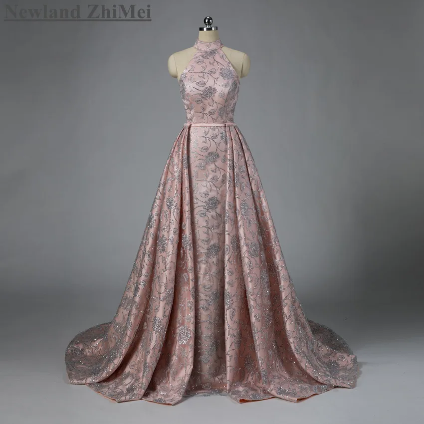 

New Arrival Silver Sequin Lace Nude Prom Dress with Detachable Train Luxury High Neck A Line Woman Formal Evening Gowns