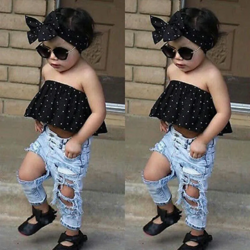 

Fashion Kid Baby Girls Clothes Set 3pcs Dot Wrapped Chest Top Vest Ripped Hole Jeans Pants Headband Outfits Casual Clothing Sets