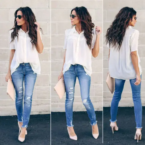 

Work Office Button Up Blouse Women Shirt Top V Neck Sexy Tops and Blouses Shirts