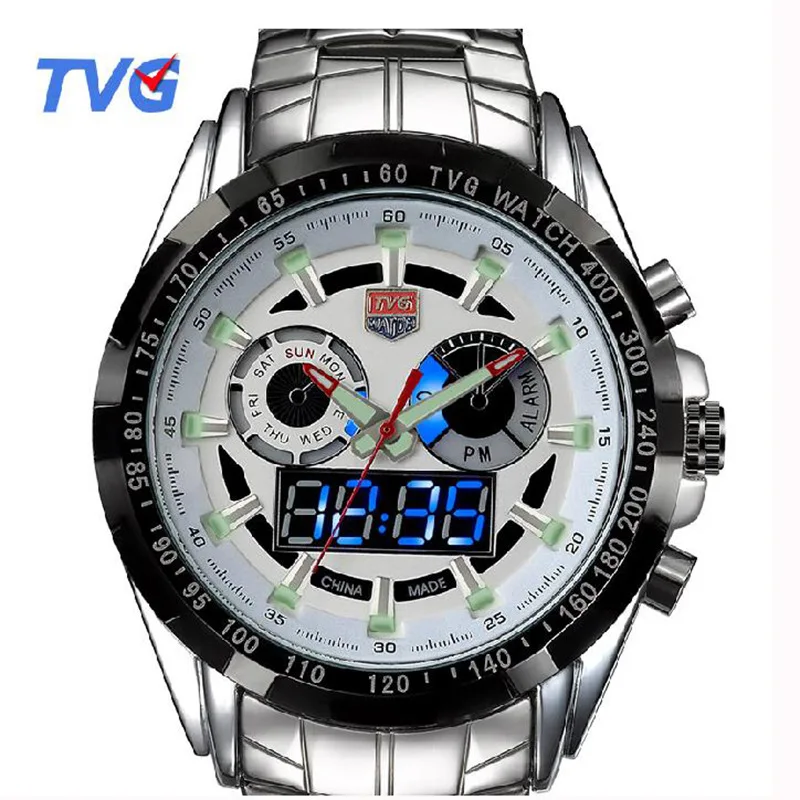 TVG Sports Waterproof Watches Stainless steel Male Army Military Mens Quartz Wristwatches Dual time Display Relogio