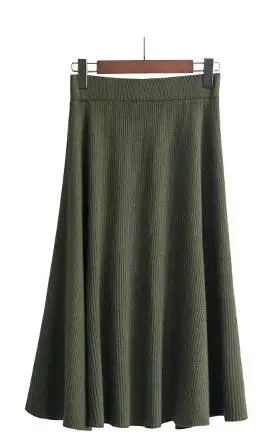 SETWIGG Женская Зимняя шерстяная вязаная юбка миди с эластичной талией, однотонная теплая расклешенная трикотажная драпированная Юбка До Колена, Осенние юбки - Цвет: Армейский зеленый