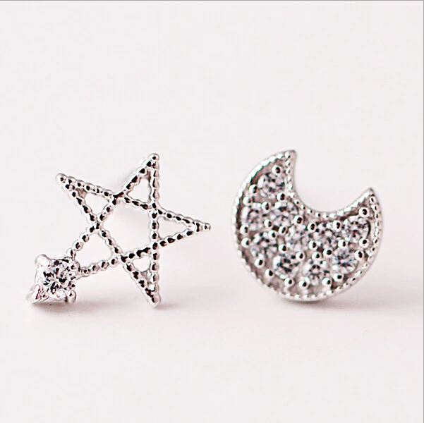 star and moon earrings 100% 925 Sterling silver Jewelry fashion Hypoallergenic Stud earrings  for women gift