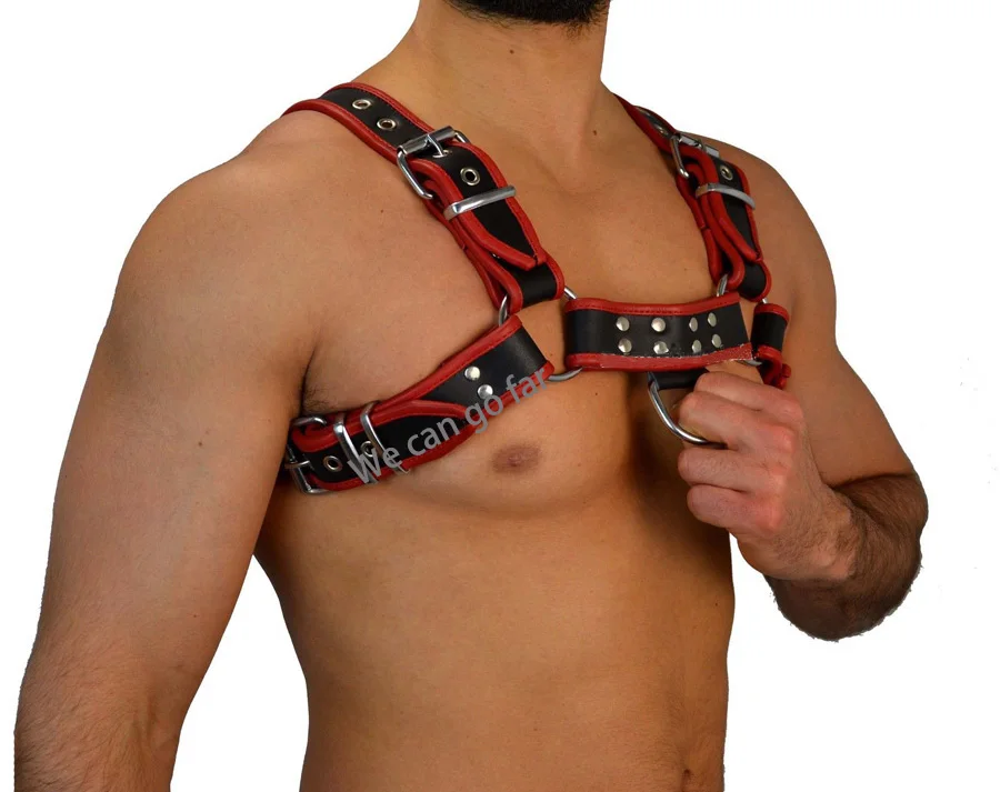 Красный и черный мужской секс связывание кожаный нагрудный ремень, пряжки для гомосексуалистов Фетиш Клубная одежда, аксессуары для косплея