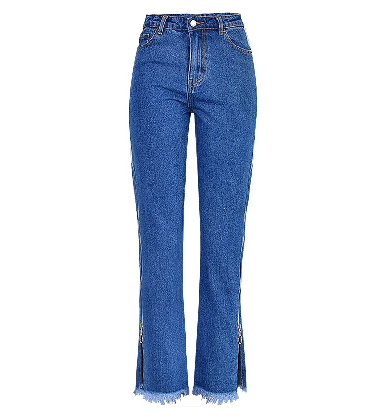 Europe and the United States women's high waist loose straight jeans nine pants bilateral zipper adjustment tassel tassels up to people section (24)