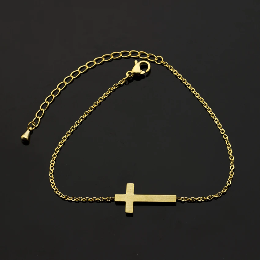 Crucifix Jesus Christian Horizontal Sideways Cross Charm Bracelets for Women Stainless Steel Bridesmaids Gift Pulseira Feminina