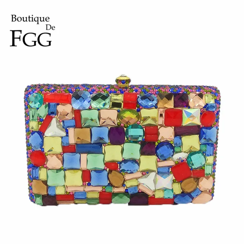 

Boutique De FGG Hand Made Crystal Evening Purse Women Multi-Color Diamond Plaid Wedding Party Minaudiere Handbag Clutch