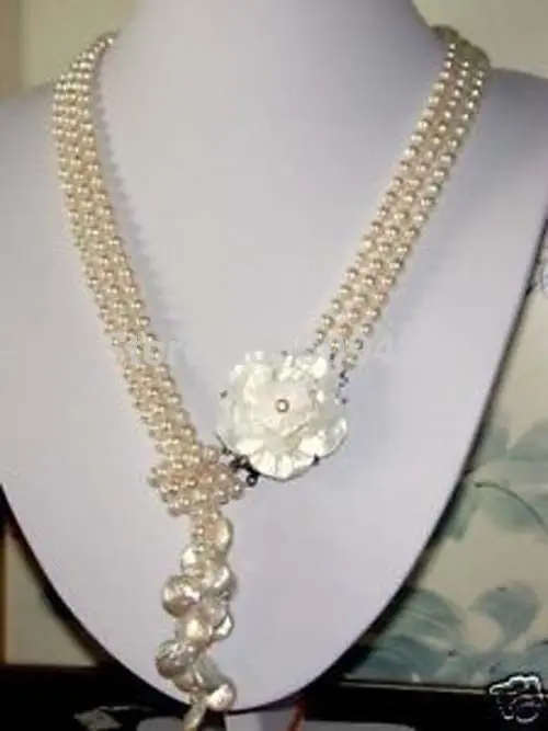 

~~ Free Shipping 3 rows white cultured pearl necklace_With Flower