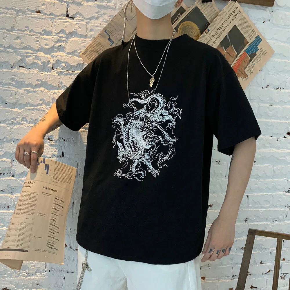 Neploe Винтажная с драконом Печать Свободный Топ Футболка Harajuku уличный короткими