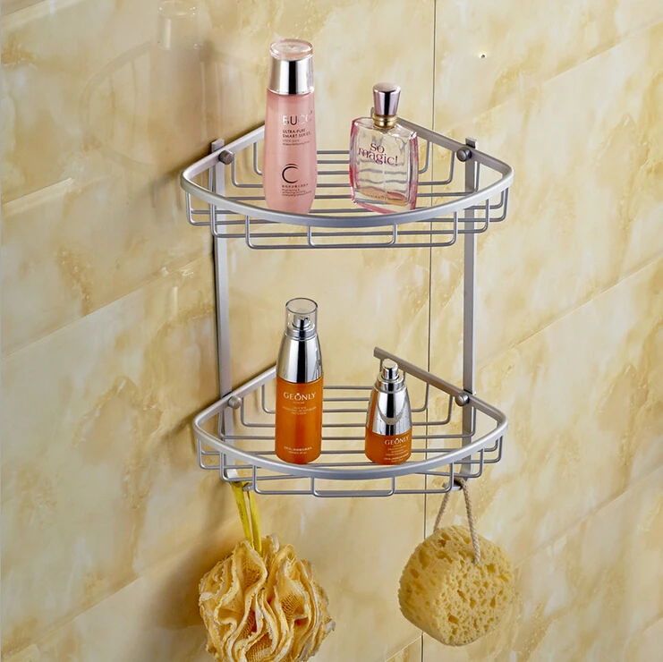 

Bathroom Storage Holder Aluminum Material Basket Double Shelf Corner Wall Mounted Line Basket Rack BS3224