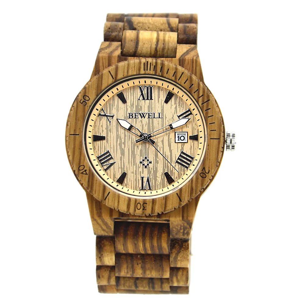 

BEWELL 2018 Hot Sell New Watch for Men All Wood Strap Round Case Date Display Analog Male Quartz Watches Dropshipping 109B