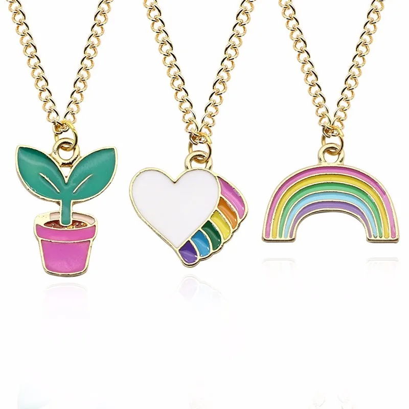 

DIY Trendy Love Heart Pendant Kawaii Rainbow Potted Plant Necklace Gold Chain Necklaces&Pendants For Christmas Gift DropShipping