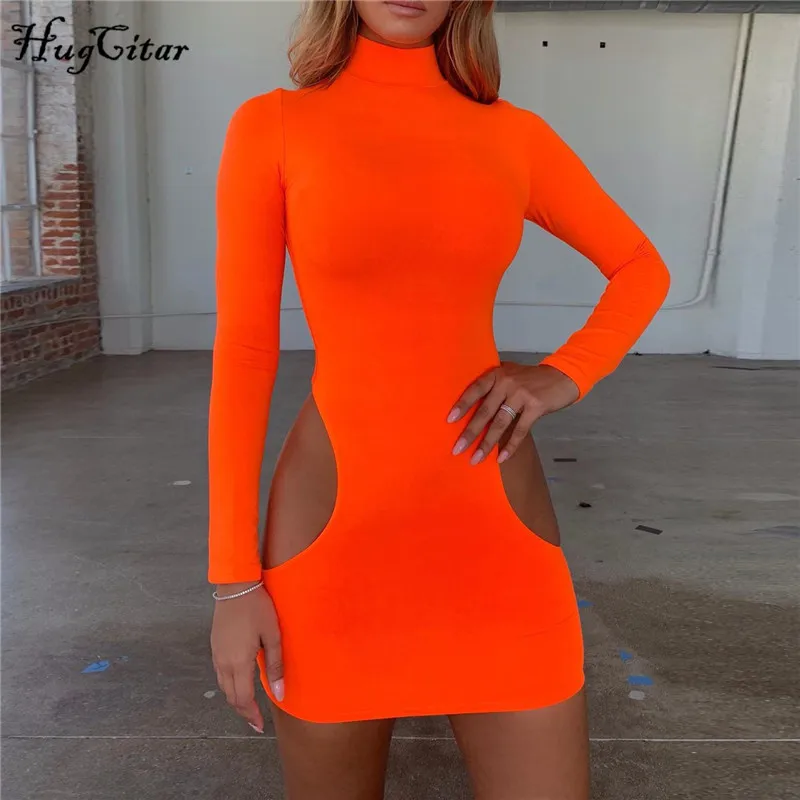Hugcitar неон выдолбить сексуальные летнее летний осень осеннее женское женские женщин одежда длинным рукавом high neck клубное облегающее обтягивающее мини платье платья поатье - Цвет: Оранжевый