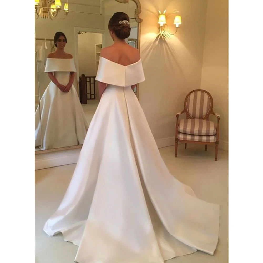 2019-Simple-White-Satin-Wedding-Dresses-Boat-Neck-Off-The-Shoulder-A-Line-Sweep-Train-High (1)