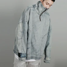 Denim Jean Sweatshirt Men's High-collar Wash Water Denim Jackets Oversize Loose Shoulder Retro Sweatshirt Jean Windbreaker Denim Jean Sweatshirt Men's High-collar Wash Water Denim Jackets Oversize Loose Shoulder Retro Sweatshirt Jean Windbreaker