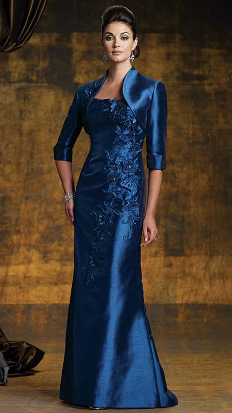 

2016 Plus Size Mother of the Bride Dresses With Jacket sheath Floor-Length Gorgeous Three Quarter sleeve Appliques Taffeta Dress