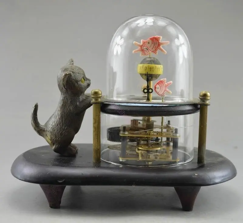 

Crafts statue Old Handwork Copper Carved Cat Fish Mechanical Table Clock