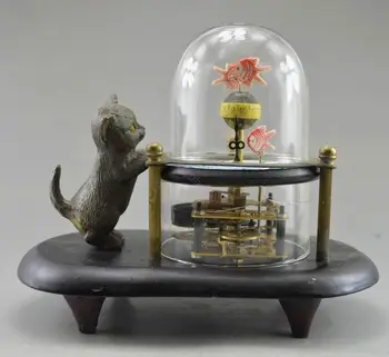 

Crafts statue Old Handwork Copper Carved Cat Fish Mechanical Table Clock