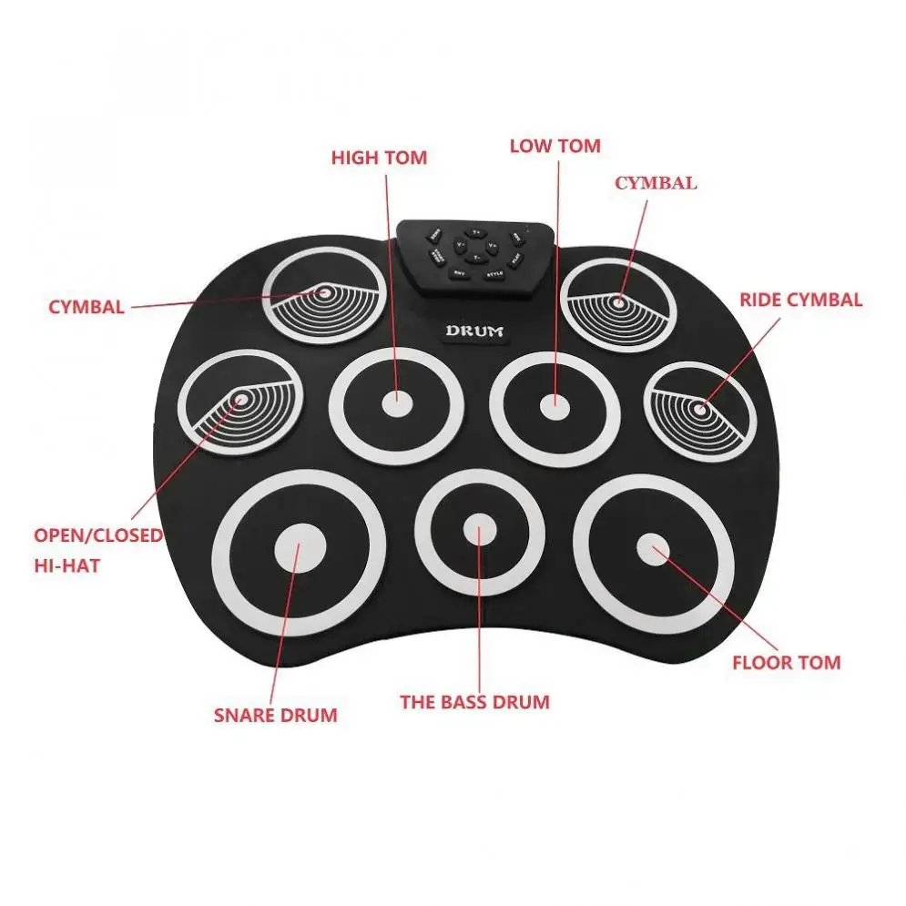 Портативный электронный барабан с 9 подушечками, силиконовый барабан с барабанчиками и педалью для детей, студентов, тренировочный барабан