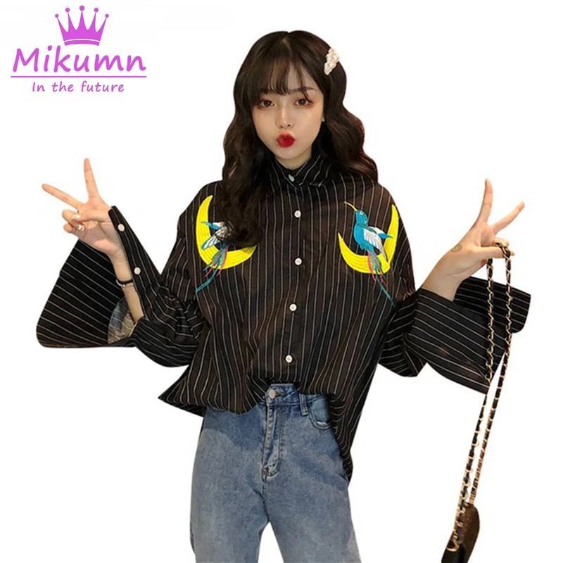 

Harajuku Blouse Moon Bird Embroidery Stripe Shirt Long Sleeve Summer Women Shirt Casual Turn Down Collar Loose Blouse Female Top