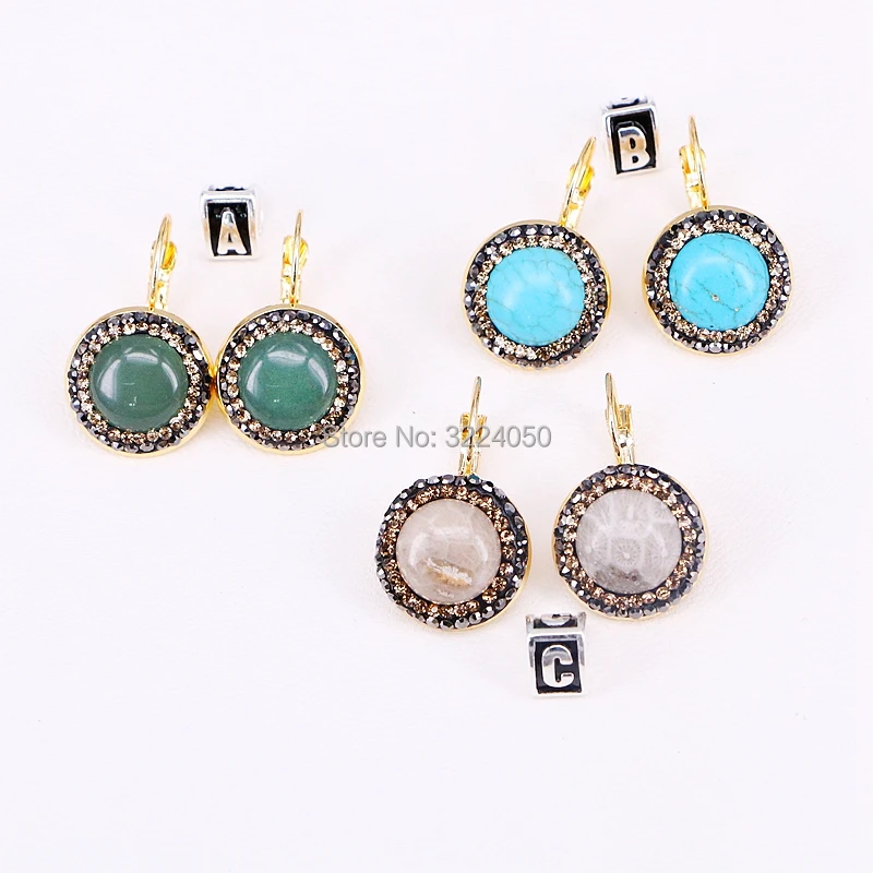 

3 Pairs E291-9597 Mix color nature stone earrings pave rhinestone gold round gems earrings fashion Gift for women