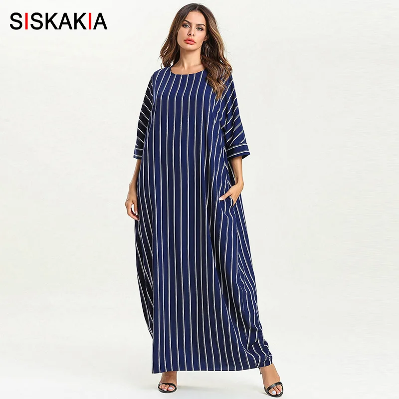 

Siskakia Spring Summer 2019 Maxi Dresses for Women Plus Size 3/4 Sleeve Striped Straight long Dress Ankle-Length Elegant Casual