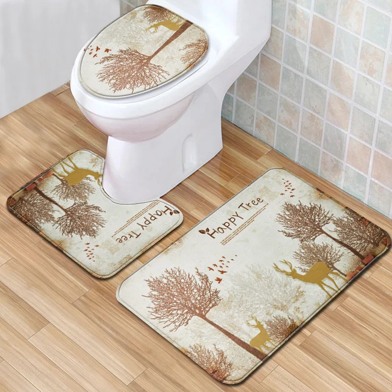

Tree Deer 3pcs Toilet Mat Set Forest Anti Slip Bath Mat 3D Bathroom Rugs and Mat Set Newest Water Absorption for Home Decor