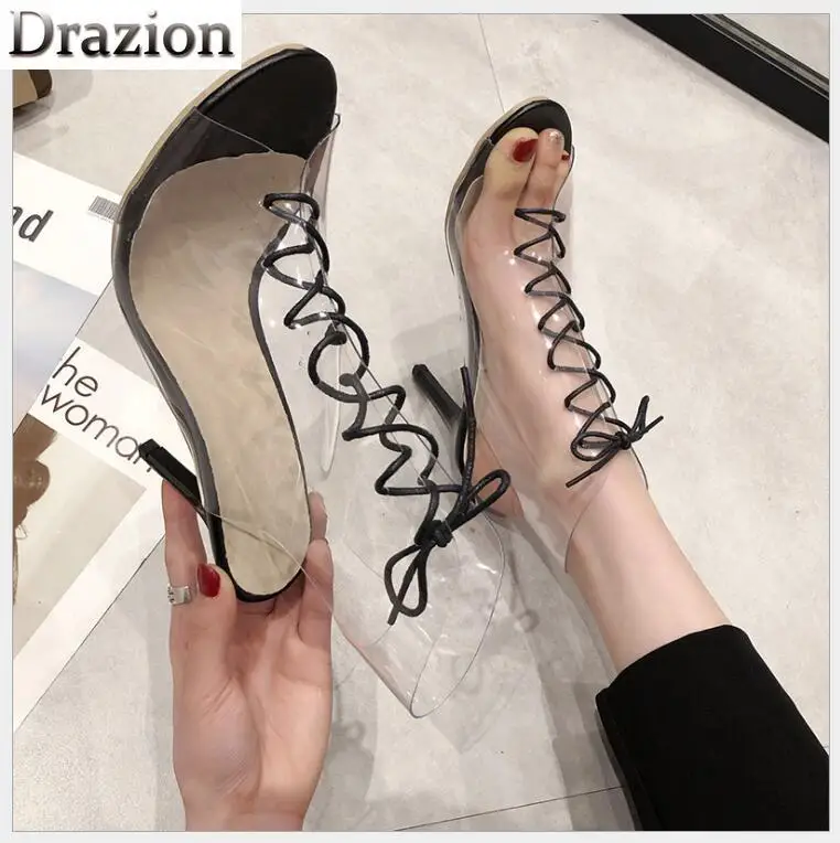 

Fine heel women's models wild transparent lace temperament sexy fish mouth sandals Roman shoes