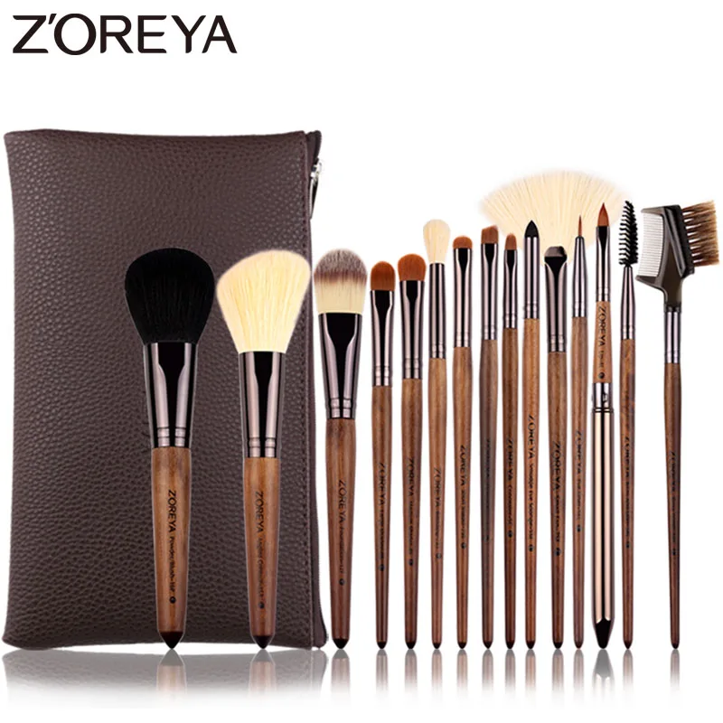 

ZOREYA 15pcs Walnut Handle Makeup Brushes Set High Quality Synthetic Hair Eye Shadow Foundation Blending Powder Brush Tools